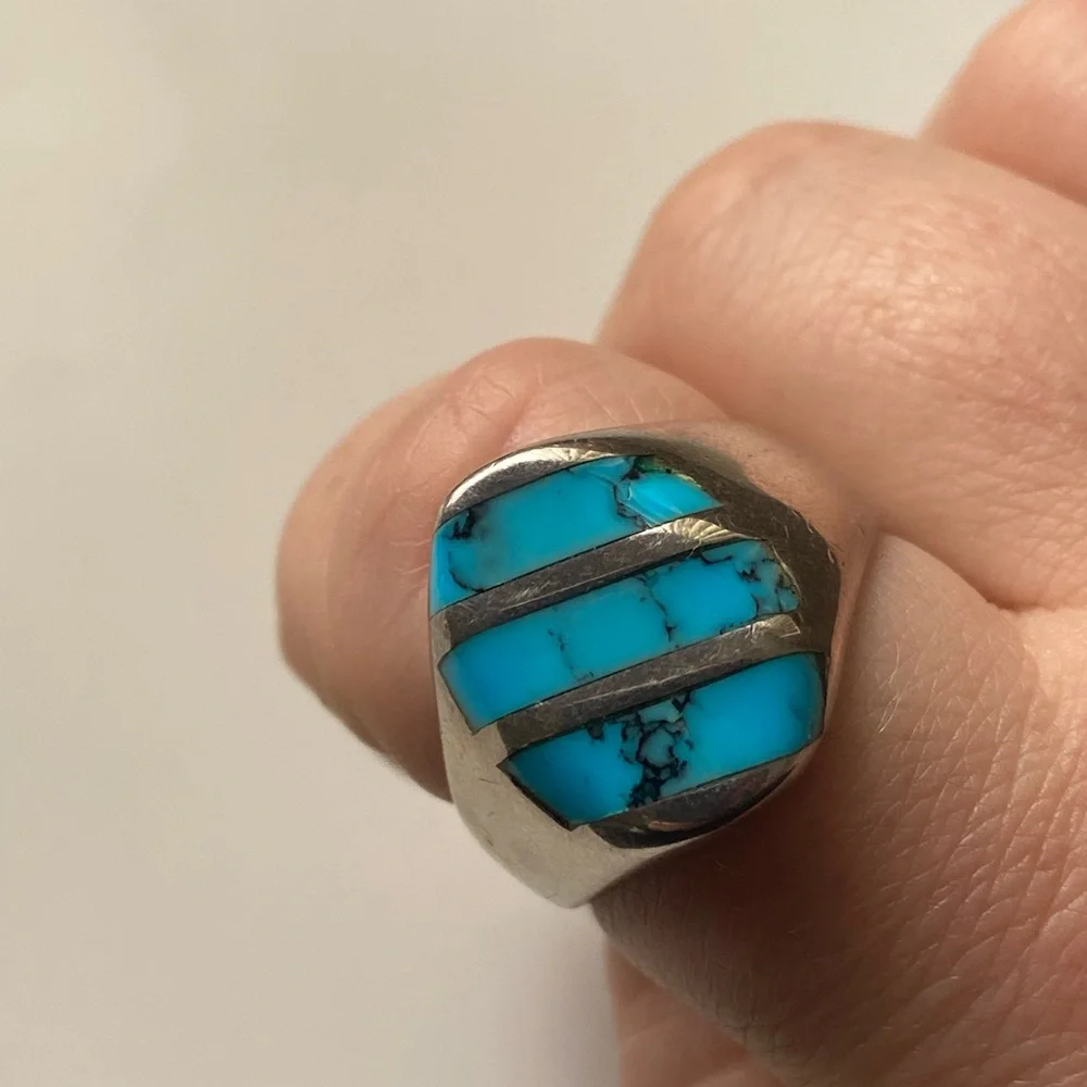 Sterling silver 925 turquoise Mexico inlay ring, size 11.5